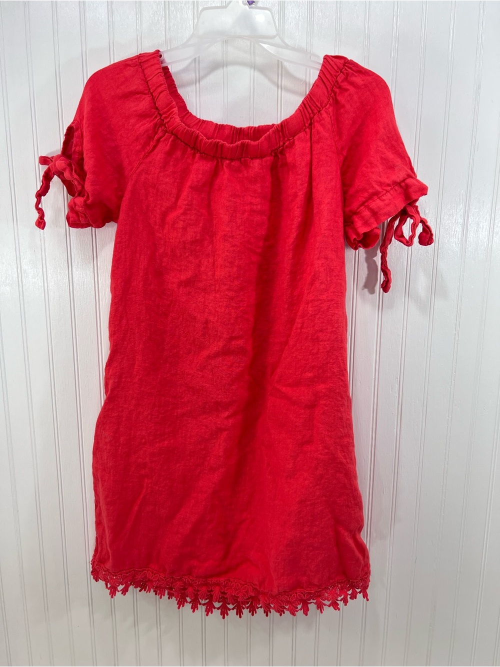 Lungo L’Arno Made in Italy 100% Linen Coral Red Dress Small Boho Crochet Trim